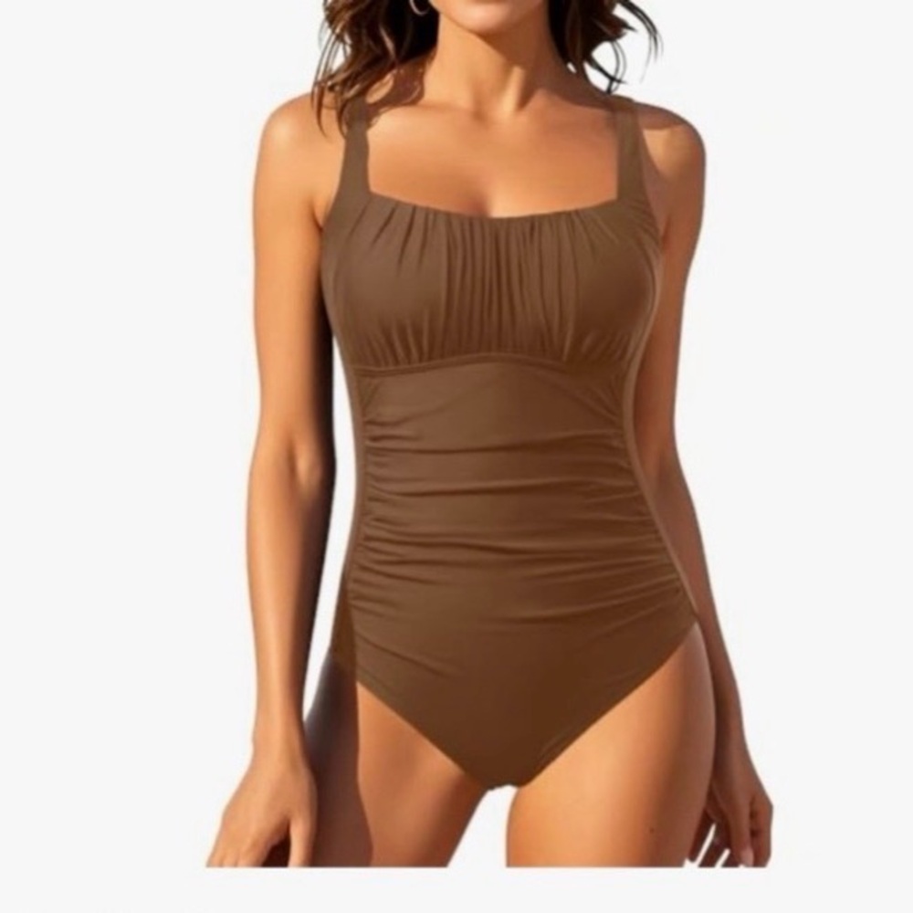 NWOT Aqua Eve One-Piece Tummy Control Vintage Swimsuit Chocolate Brown Size S